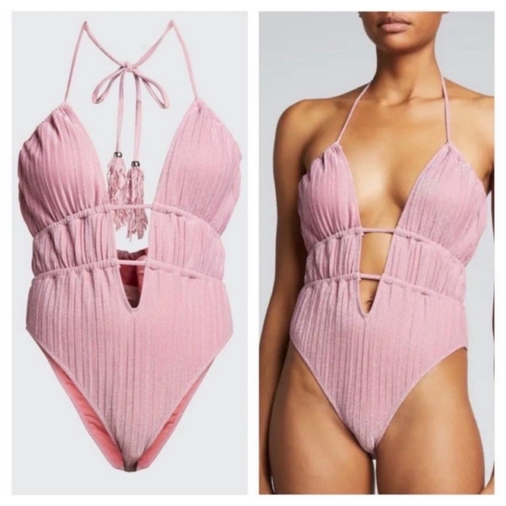 Ramy Brook Knit Marta One Piece Swimsuit Pink Metallic Tassel Halter NEW S